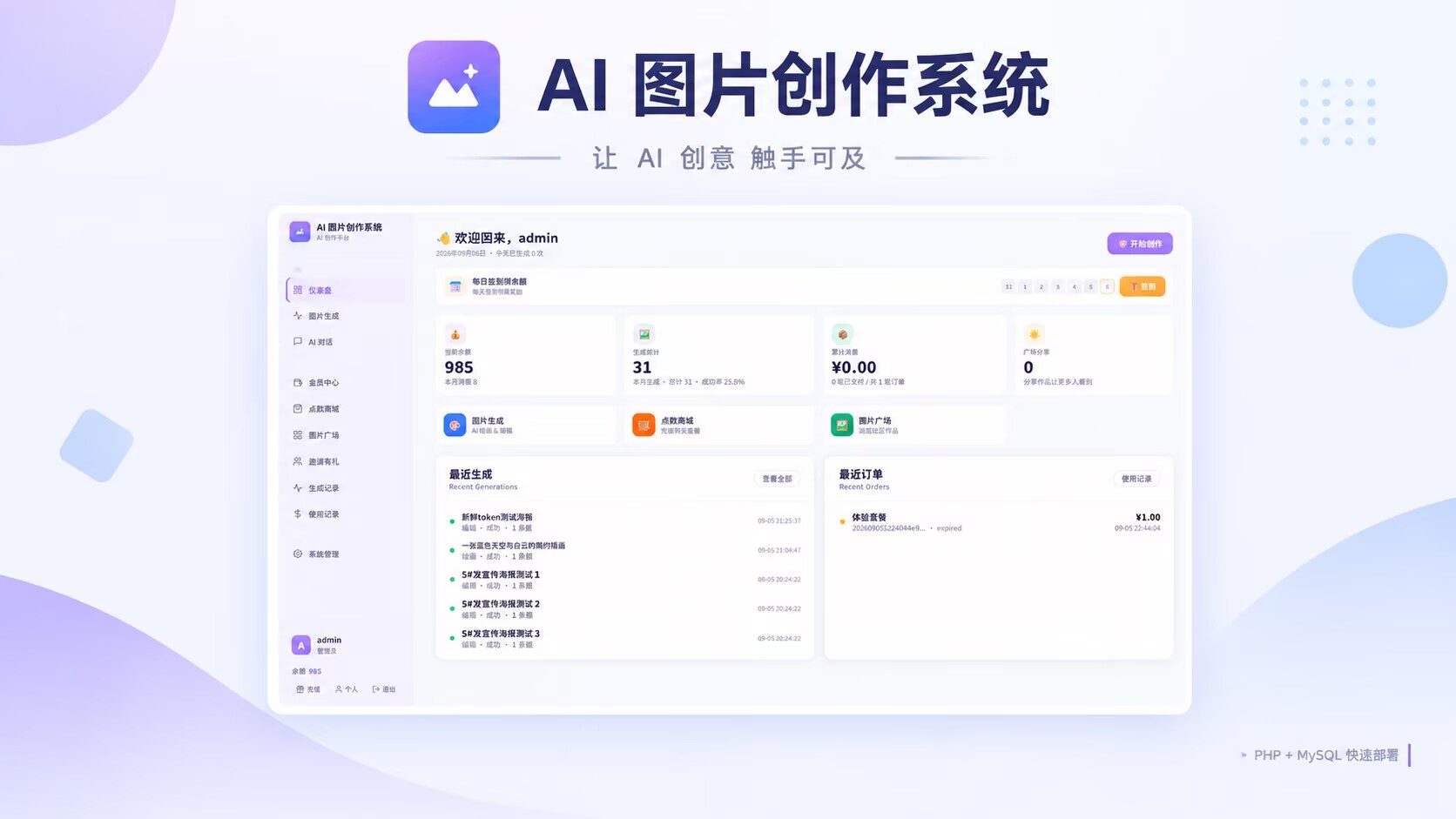 【YM1112】AI 图片创作系统完整介绍PHPMySQL搭建AI 绘画平台图片生成点数商城会员中心全套功能解析